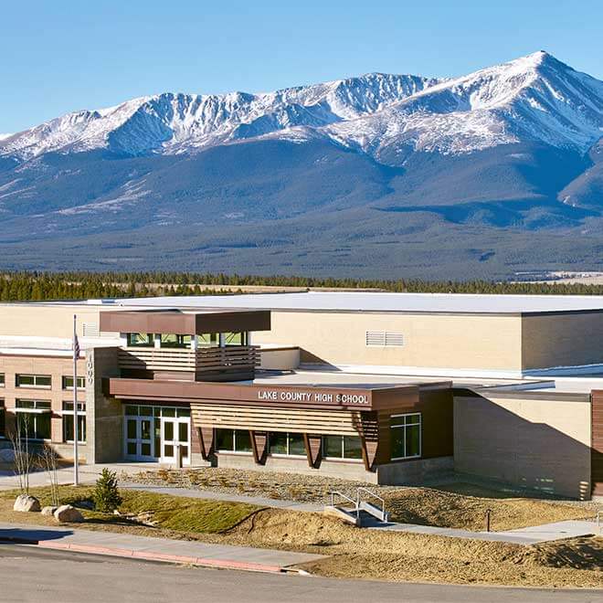 Lake County High School Addition and Renovations Exterior View with Mountains